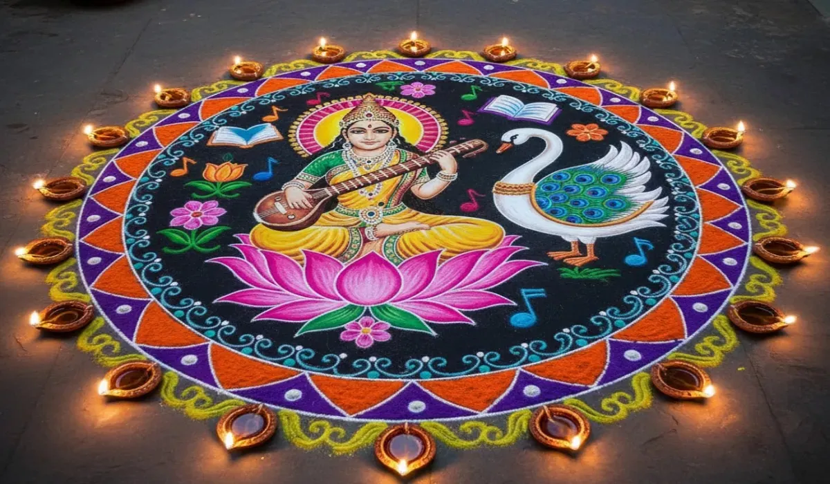 4. Saraswati Mata and Swan Rangoli Design