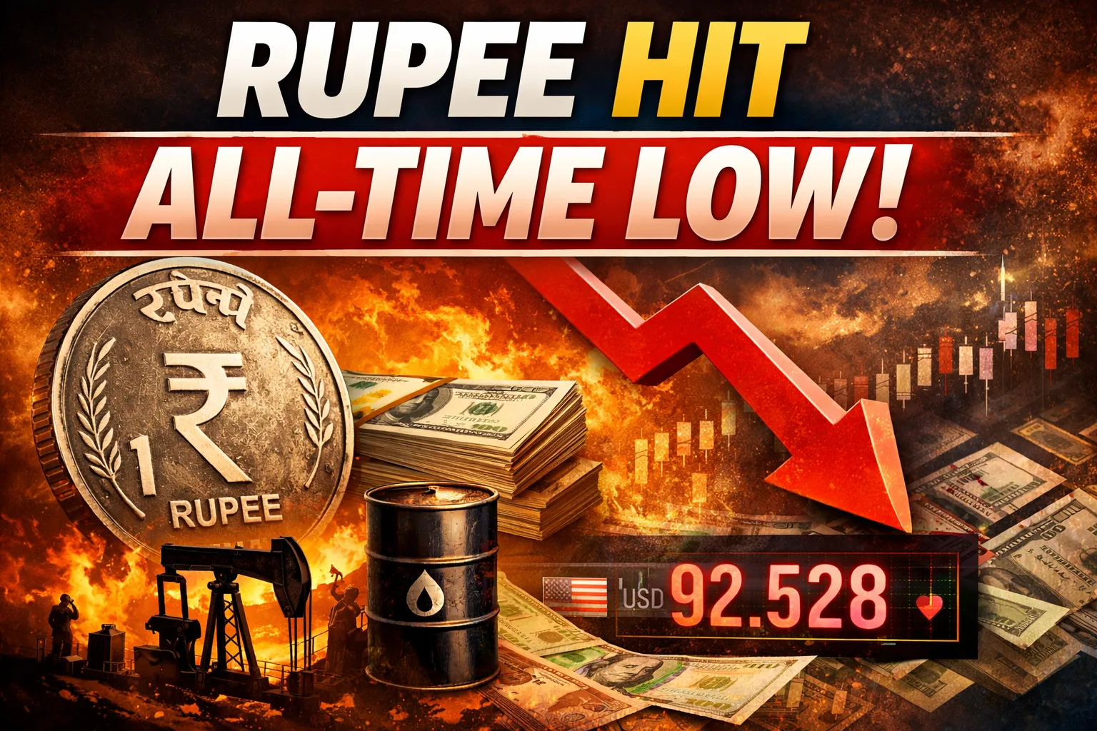 Rupee Hit All-Time Low: Rupee breaches 92.20 mark as war‑led Dollar demand intensifies
