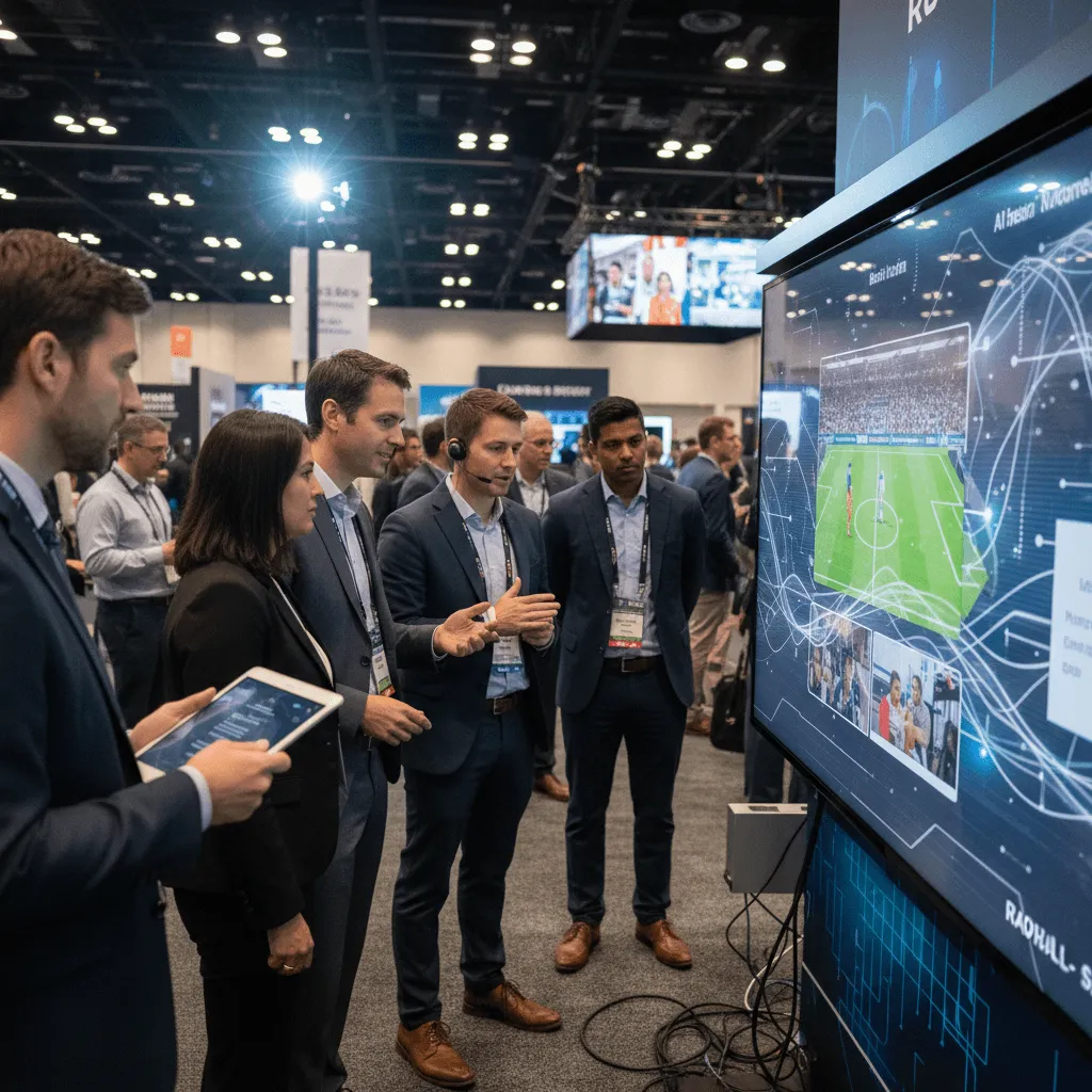 A group of professionals in business attire gathered around a large screen displaying AI-powered sports analytics.