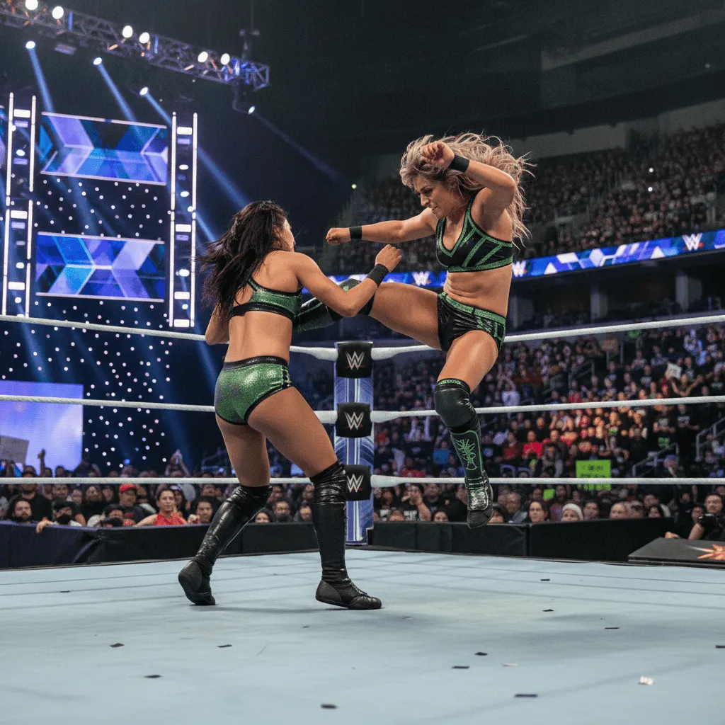 Two female wrestlers in a brightly lit arena, one delivering a high kick to the other during an intense match.