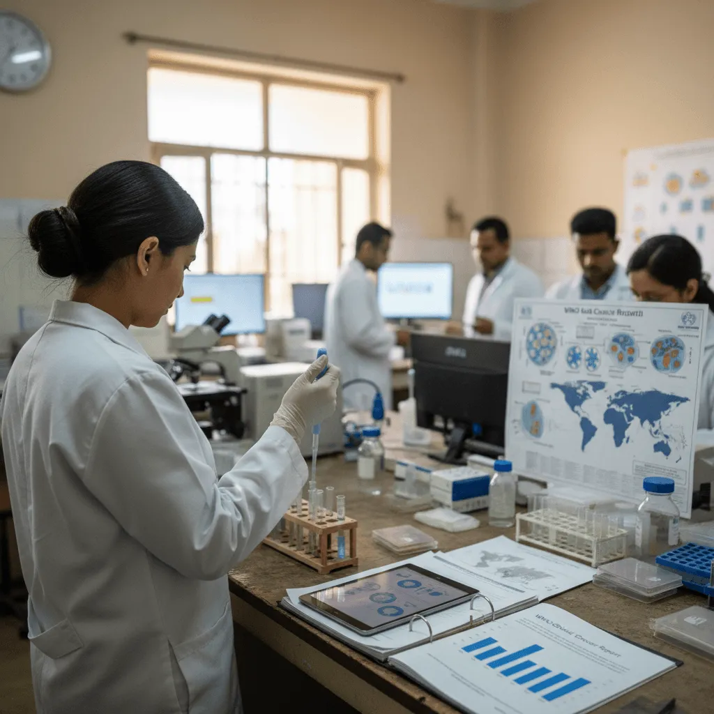 A team of scientists, some in lab coats, working with samples and global health data reports in a sunlit laboratory.