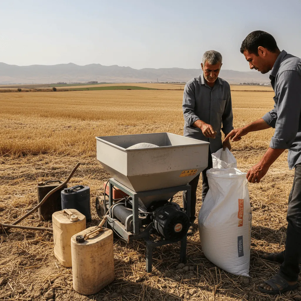 Two farmers, one older and one younger, are busy in a vast, golden wheat field under a clear sky.