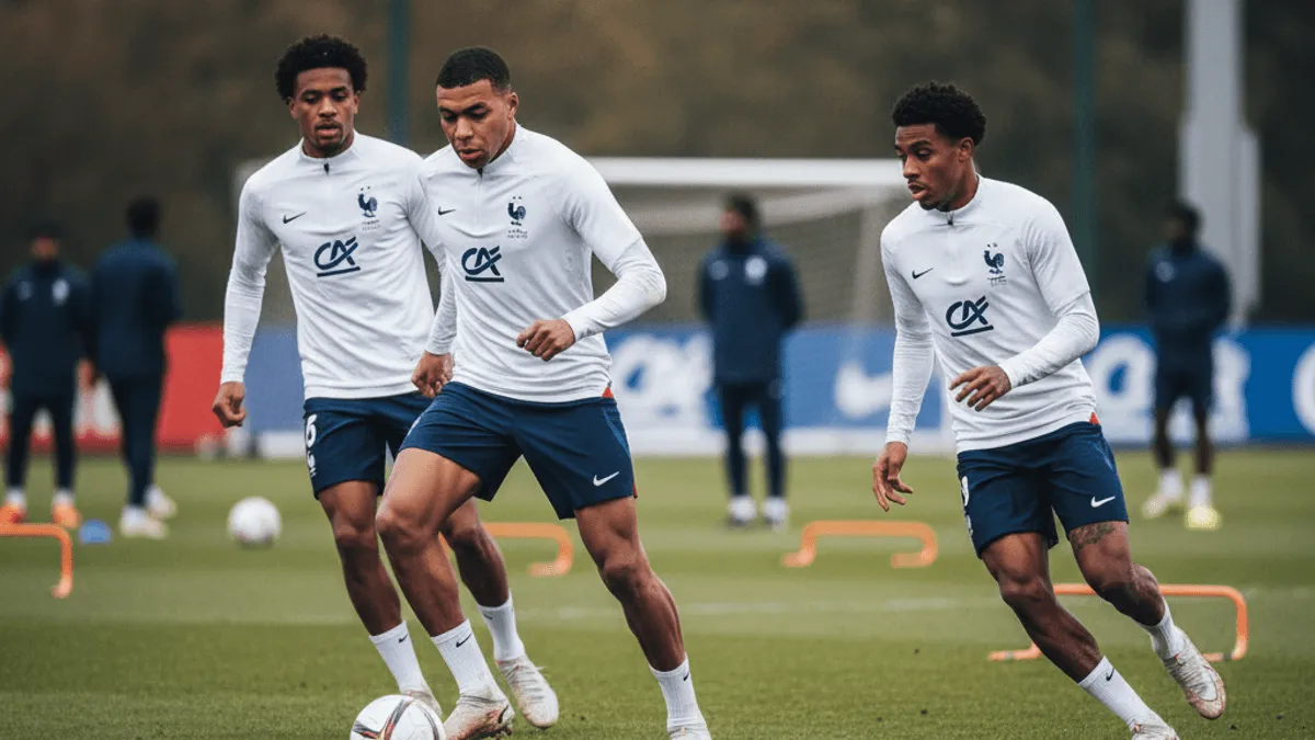 Three French football players in white training tops and blue shorts dribbling footballs on a green pitch.