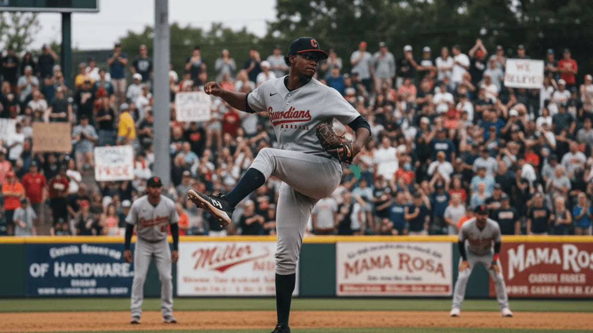 A baseball pitcher in a grey uniform mid-delivery on the mound. Behind him, a stadium is filled with cheering fans.