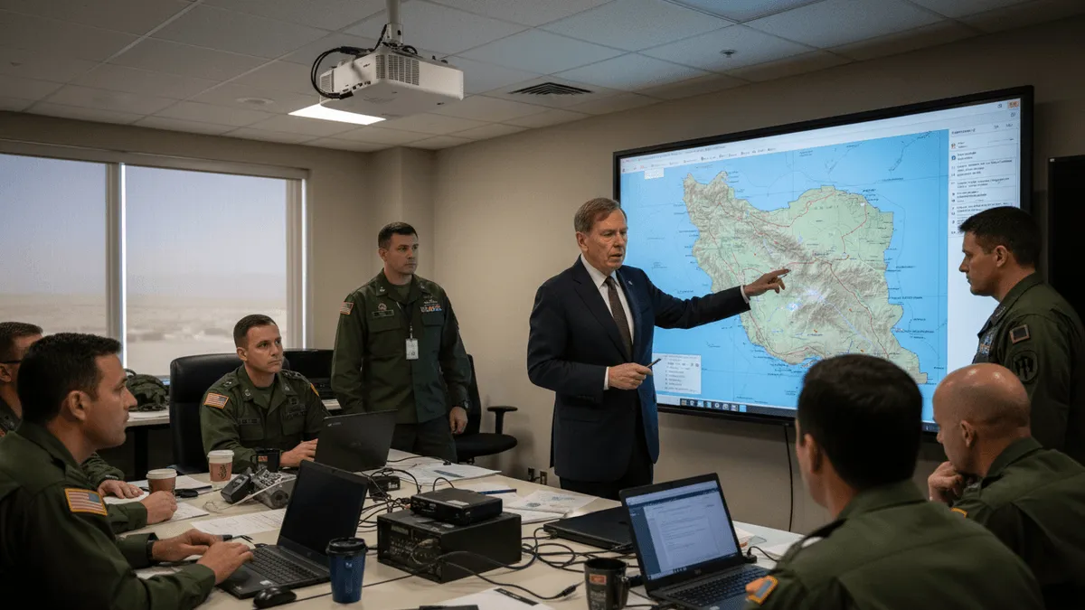 Gen. David Petraeus, in a suit, points to a map of Iran on a large screen, addressing uniformed military officers.