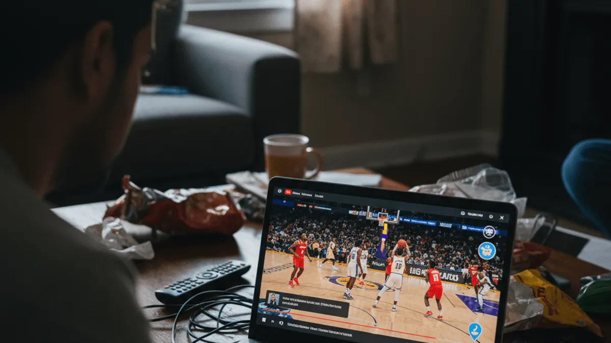 A person from behind is engrossed in watching an NBA basketball game on a laptop screen in a living room setting.