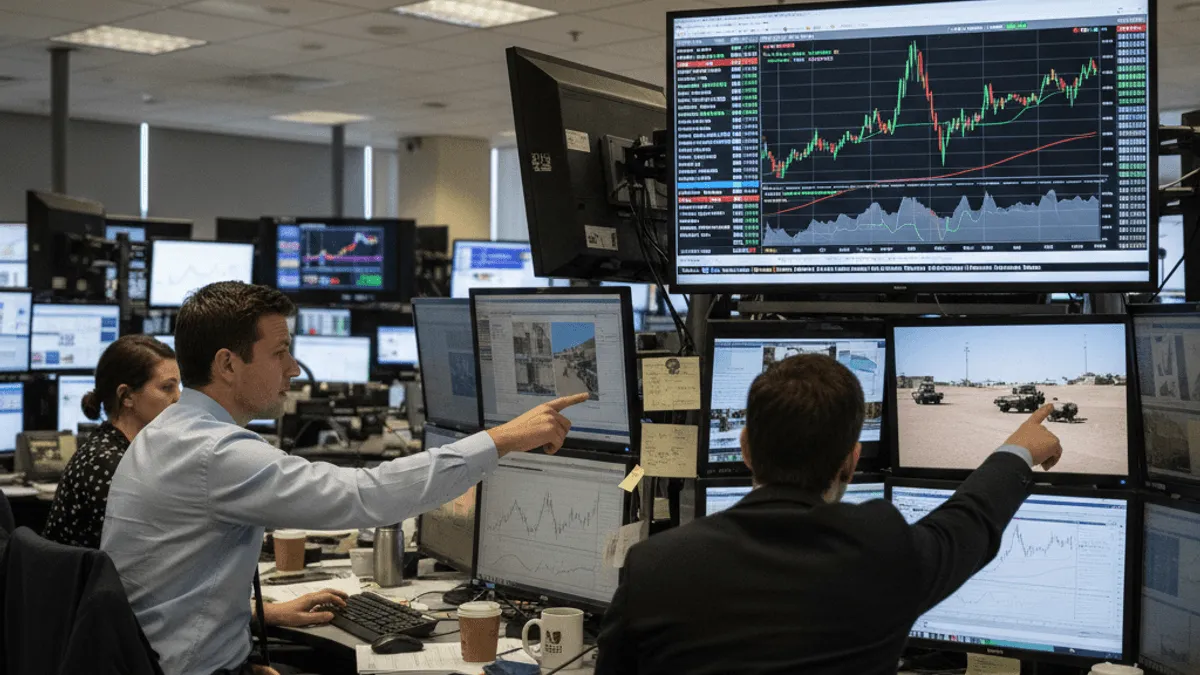 Traders at a desk, pointing at screens displaying market charts and a military convoy in a desert landscape.