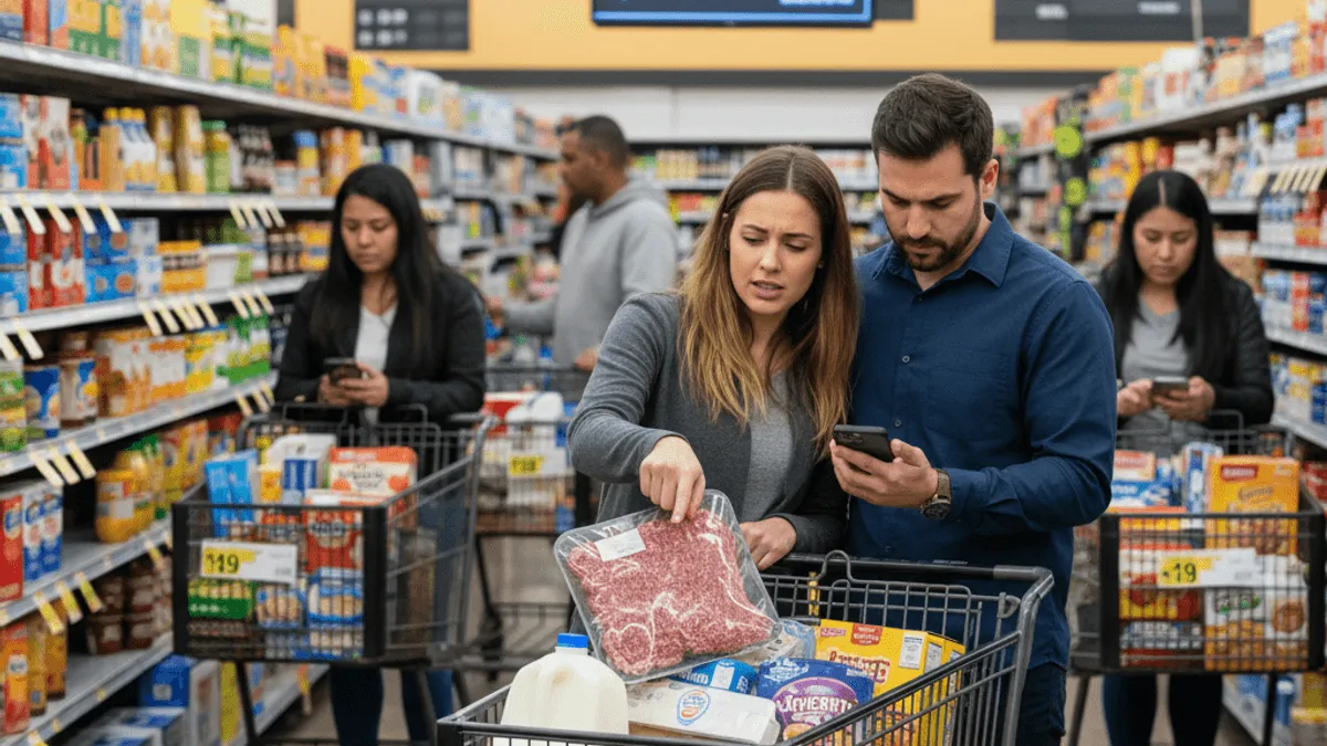 A man and woman in a grocery aisle look at a package of ground meat with worried expressions, pushing a full shopping cart.