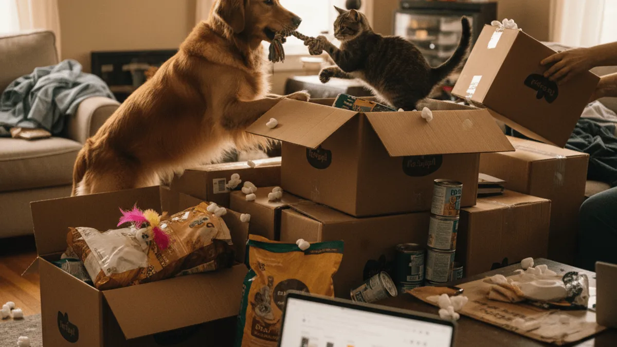 A golden retriever and a tabby cat interact playfully among opened cardboard boxes filled with pet food and toys.
