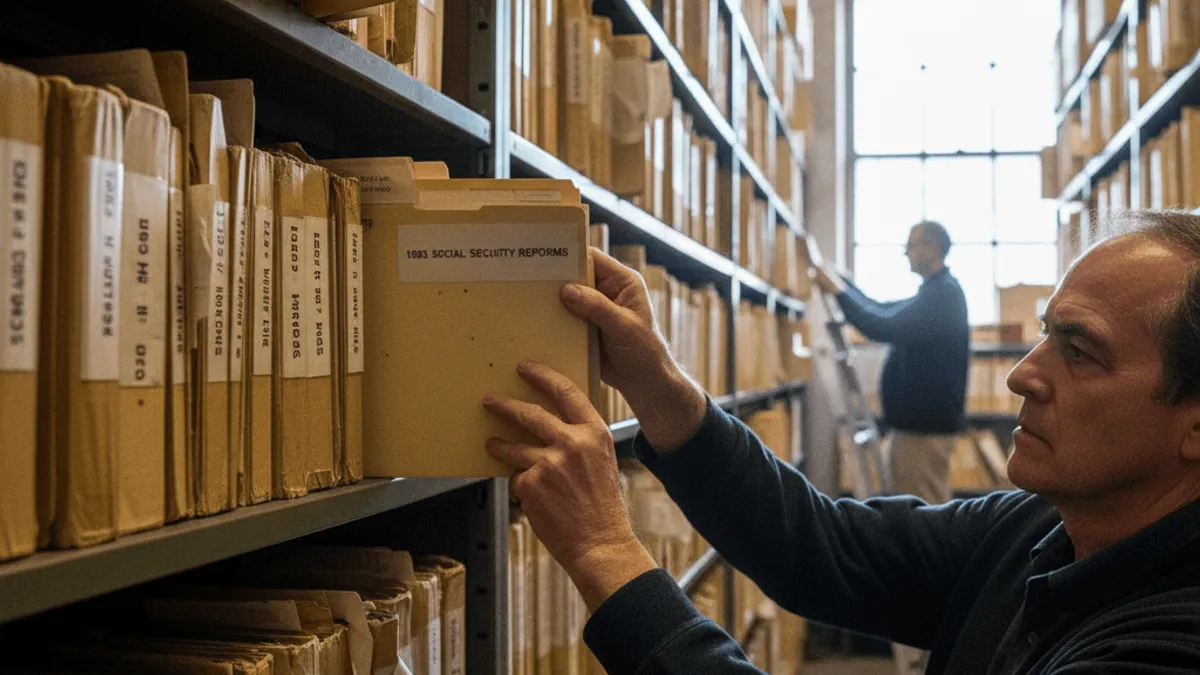 A man's hands pull a file from a shelf in a vast archive, labeled "1983 Social Security Reforms."