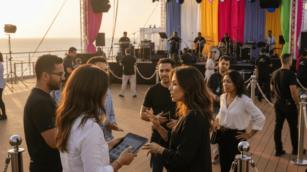 Eva Longoria in conversation with several individuals on a cruise ship deck at sunset, with a stage set up in the background.