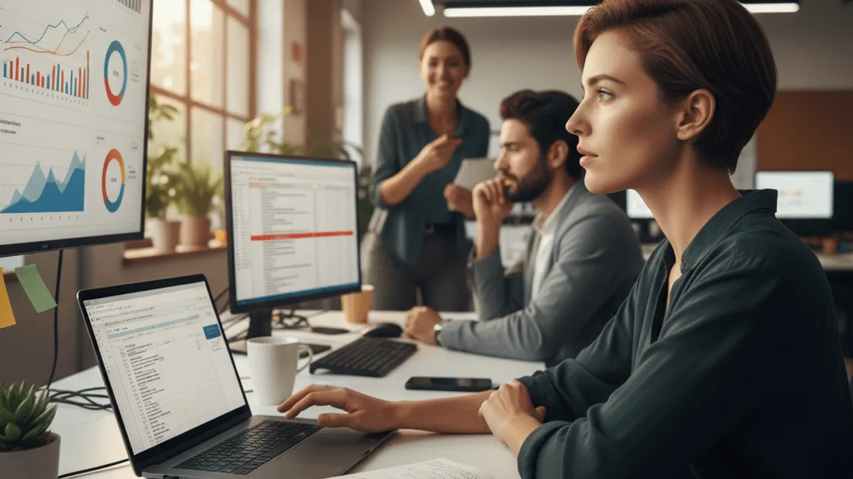 A focused woman works on a laptop with an AI note-taking device in an office, while colleagues discuss in the background.