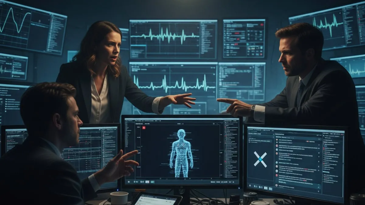 Three professionals in a dimly lit office, surrounded by monitors displaying various graphs, code, and a 3D human model.