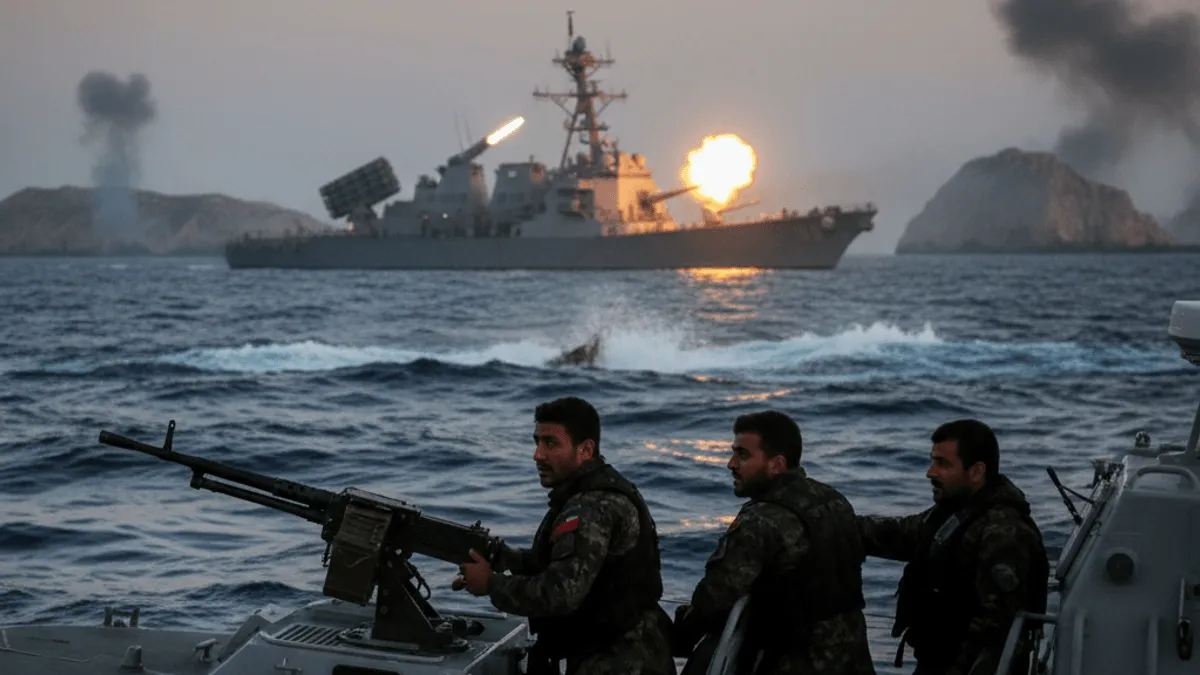 Three Iranian soldiers on a patrol boat with a mounted machine gun observe a US destroyer firing in the distance.