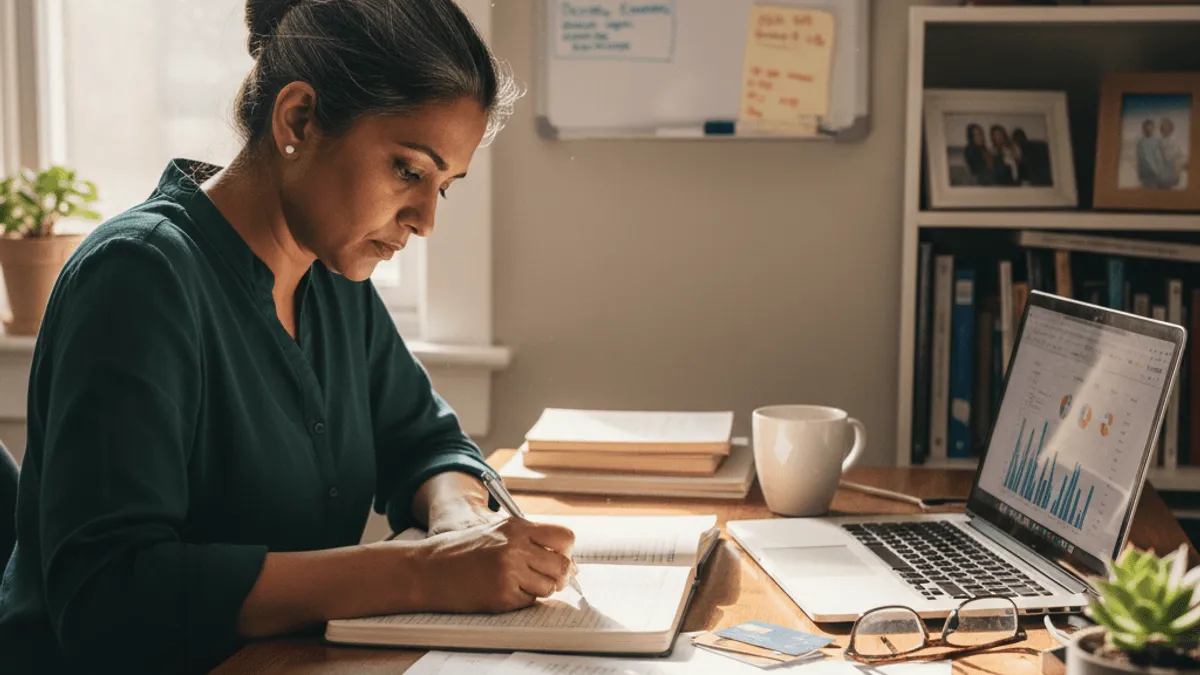 A focused woman at a desk, writing in a notebook, with a laptop displaying financial charts and papers.