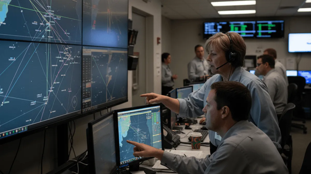Air traffic controllers in a dimly lit control room, surrounded by large screens displaying intricate flight paths and data.