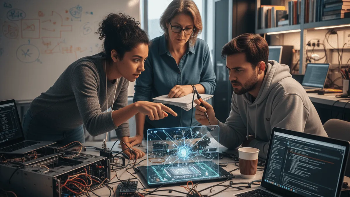 Three AI specialists, two women and one man, intently collaborate in a bustling lab filled with equipment and laptops.