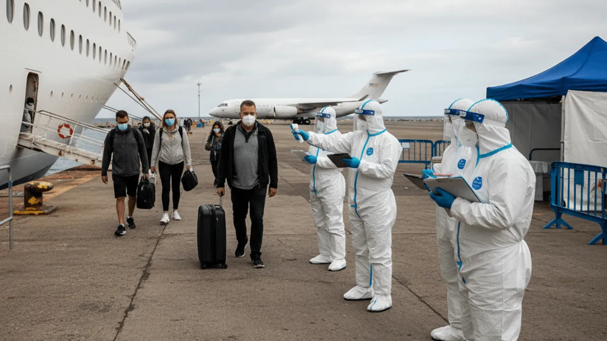 Passengers with luggage disembark a large white cruise ship onto a concrete dock, greeted by medical staff in full white hazmat suits and face shields. A plane waits in the background.