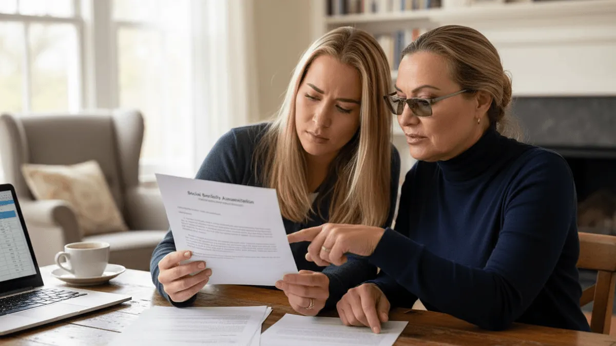 A younger woman and an older woman intently review a document titled "Social Security Administration" at a wooden table.