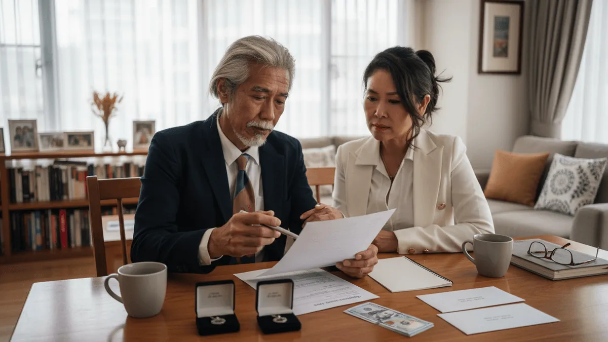 An older man and woman review papers at a table, with small gift boxes and money nearby.