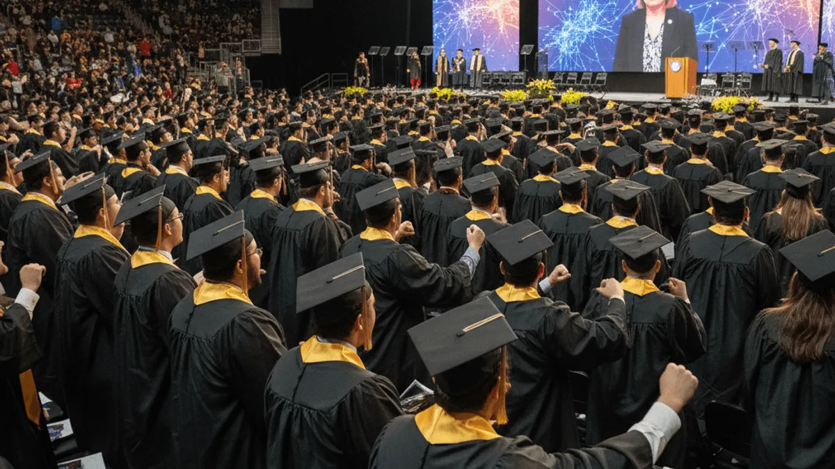 Wide shot of a large arena filled with graduating students in caps and gowns, some booing, as a speaker on a large screen discusses AI.