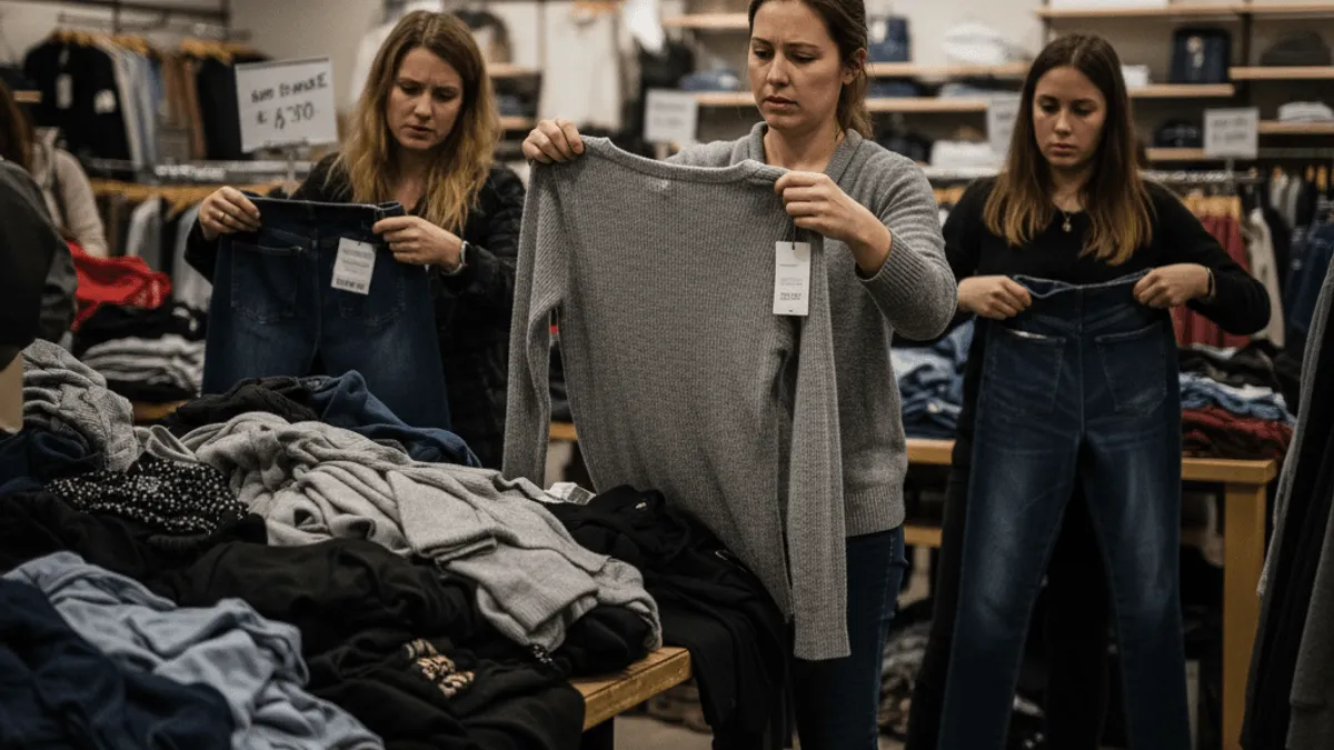 Three women in a dimly lit clothing store, examining garments on tables and hangers with serious expressions.