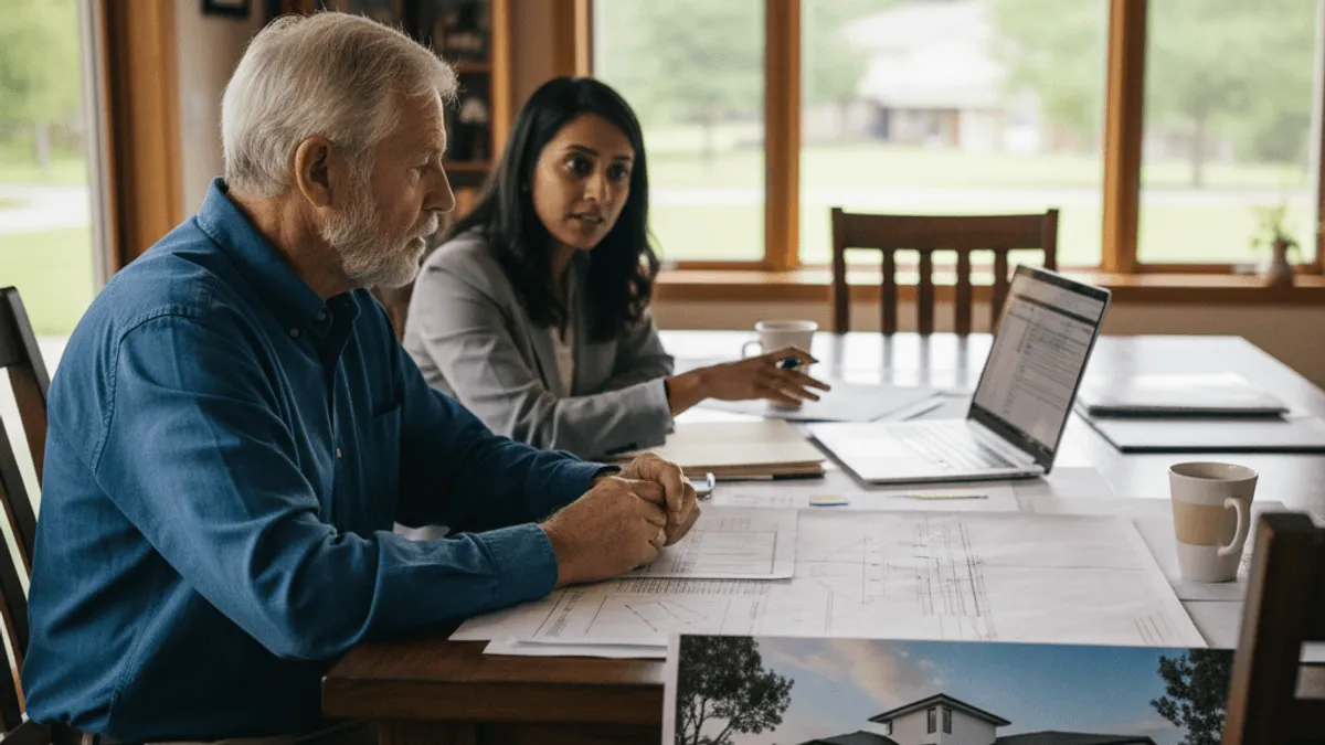 An older man and a woman in business attire sit at a dining table, looking at architectural plans and a laptop.