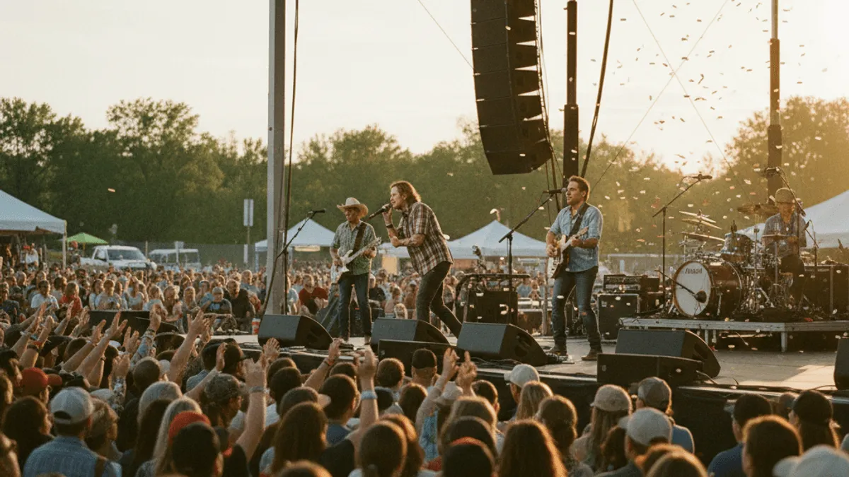A wide shot of the country band Diamond Rio performing on an outdoor stage at sunset, with a large, cheering crowd in the foreground.