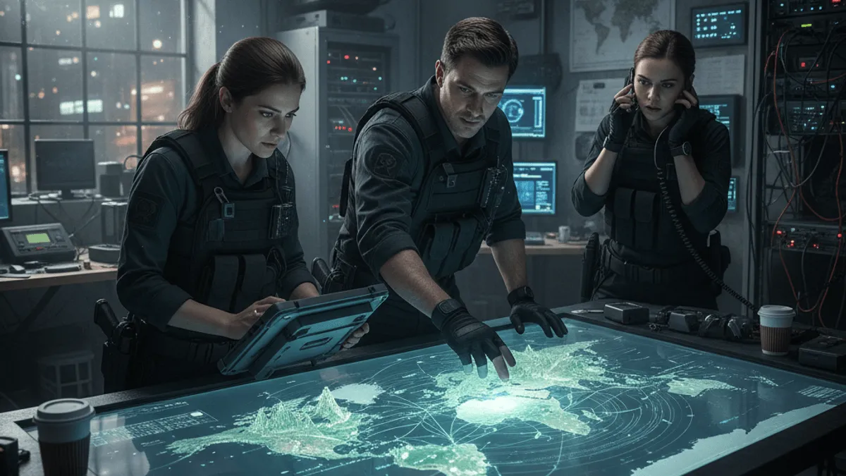 Three serious-looking spies in tactical gear are working in a dark, tech-filled room, focused on a glowing holographic world map.