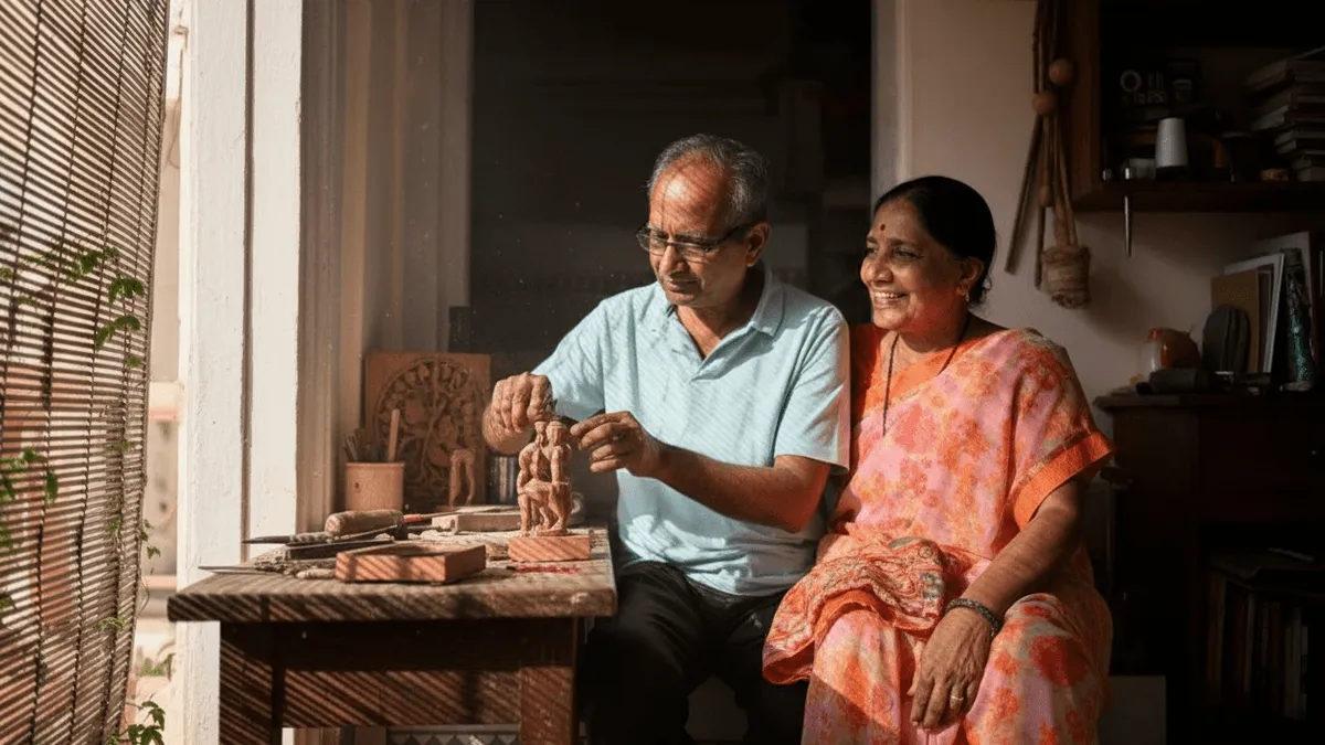 An elderly man intently carves wood at a sunlit table, his wife smiling beside him, arm around his shoulder.