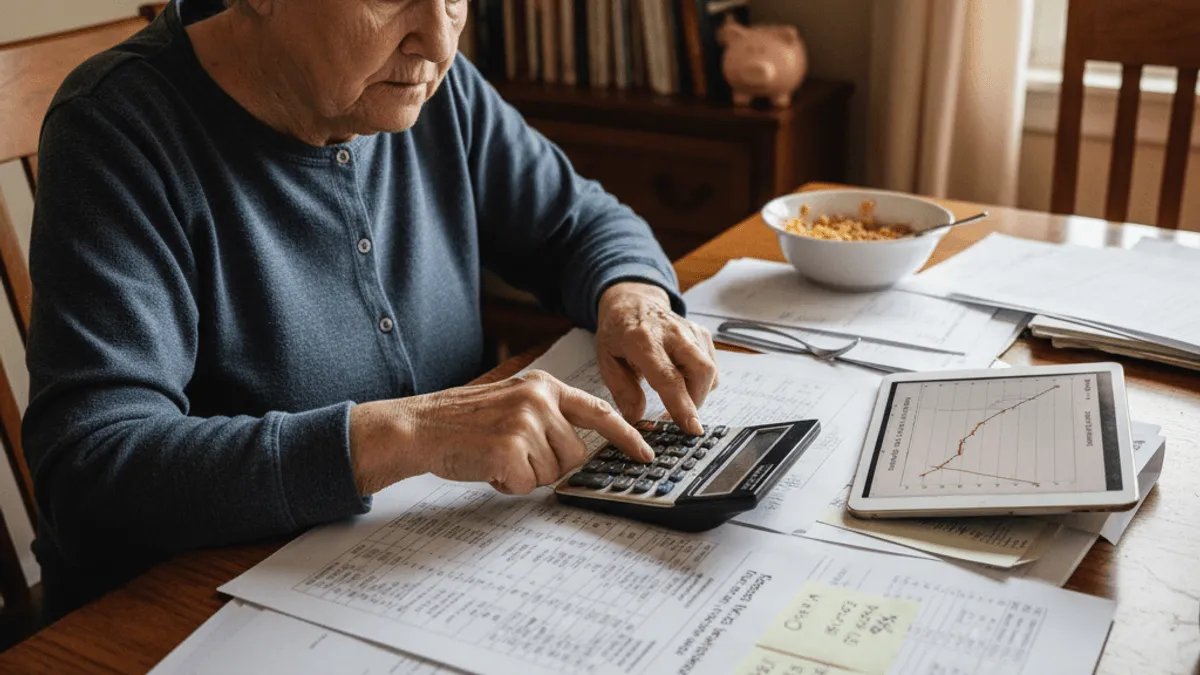 A senior woman intently uses a calculator, surrounded by bills and financial papers, with a tablet showing a red upward graph.