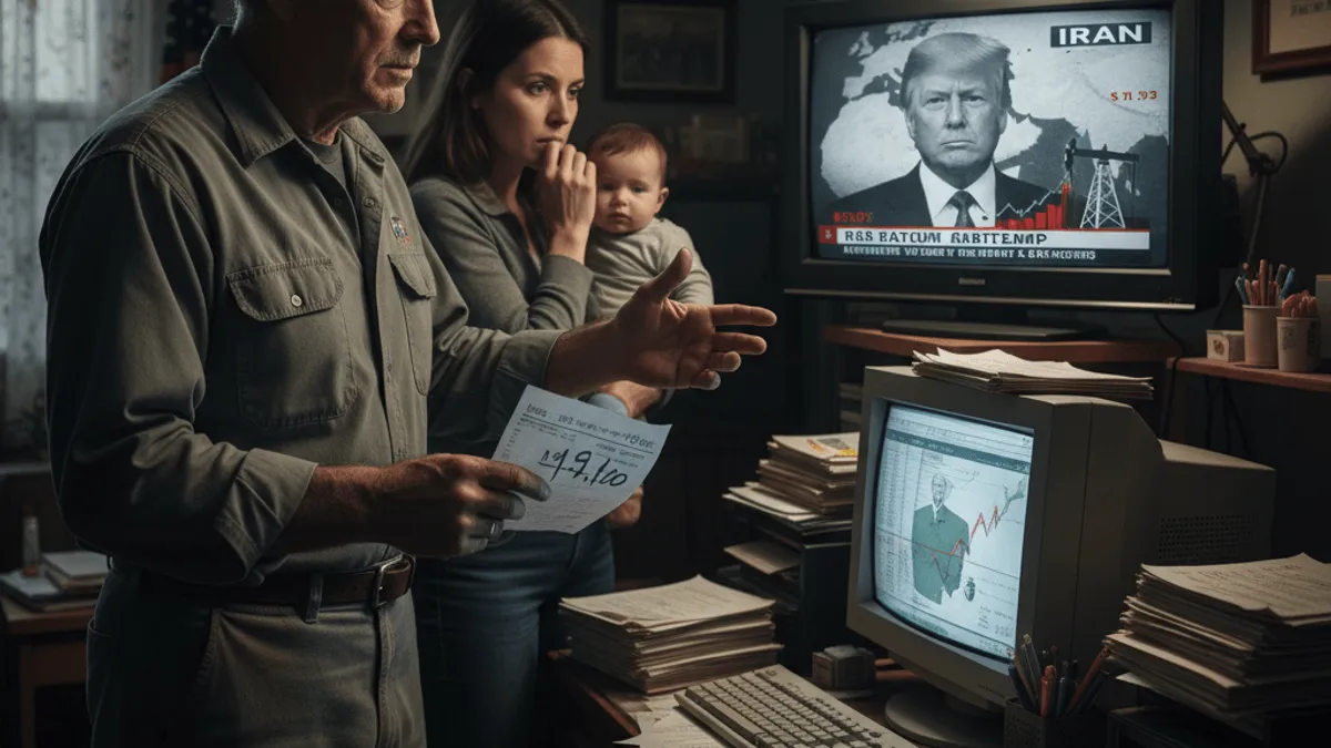 A family in a dimly lit room, an older man holding a bill, a woman holding a baby, watching news about Iran and Trump on a TV.