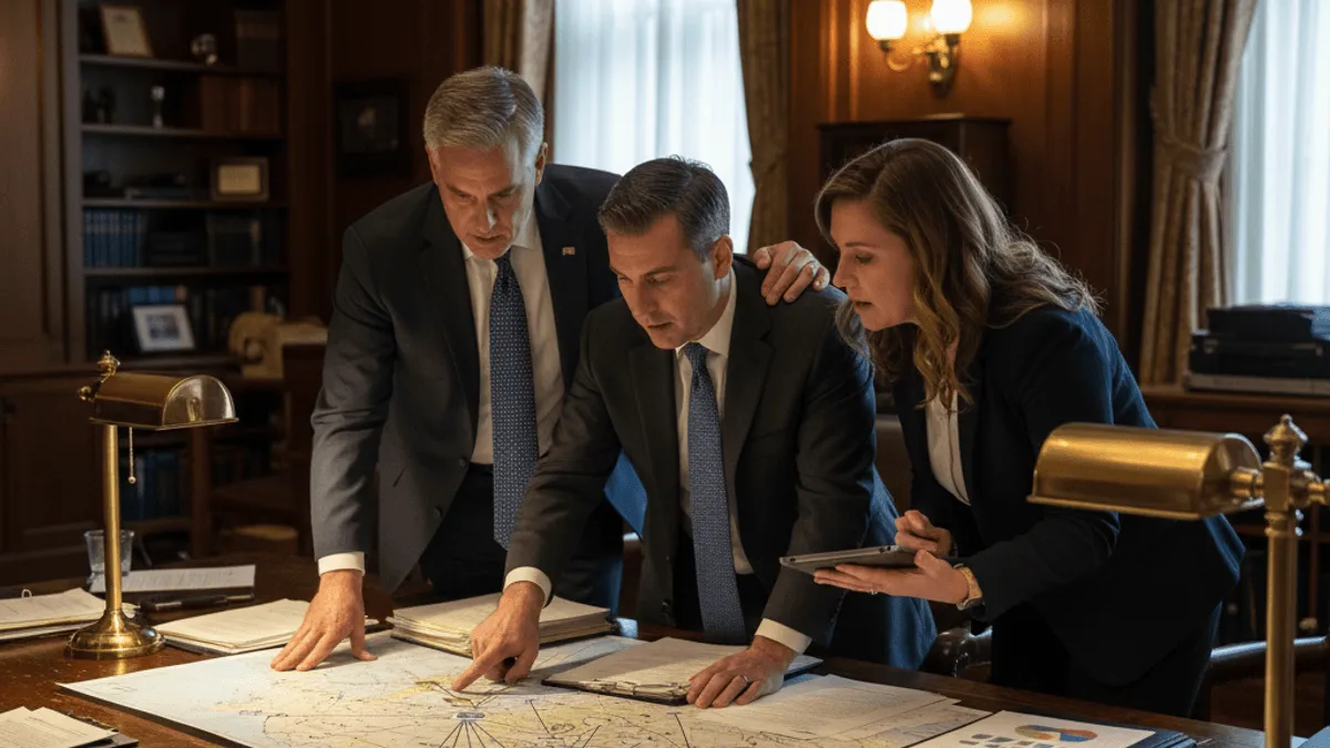 Three professionals in suits intently studying a large map spread across a polished wooden desk in a traditional office.