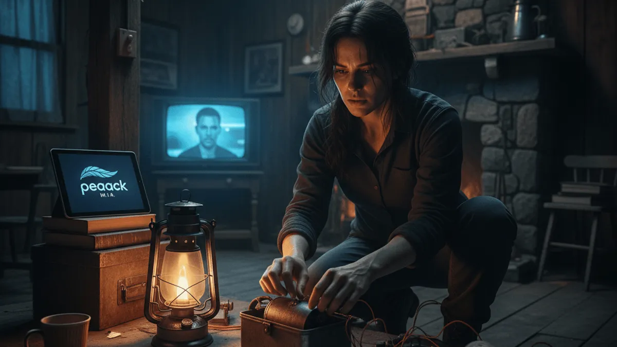 A woman crouches, intently working on electronics at a wooden table. A tablet shows "Peacock M.I.A." and a TV displays a man.