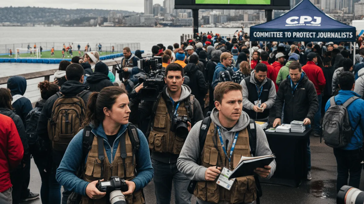 Three photojournalists with cameras and vests walk through a crowded outdoor World Cup fan event in Seattle.