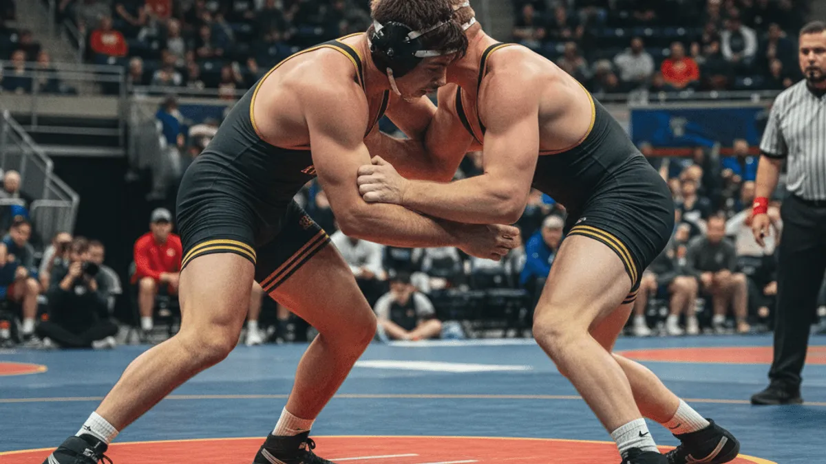 Two male wrestlers in black and green singlets lock up in a dynamic, mid-action pose on a red and blue mat, with a referee and spectators visible in the background.
