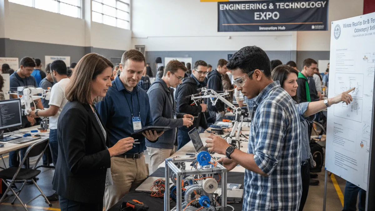 An authentic, mid-action photograph of students demonstrating their engineering projects to professionals at an expo.