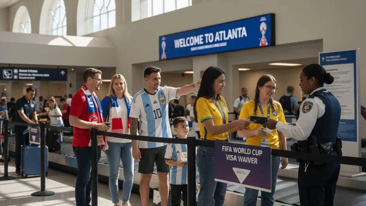 Diverse World Cup fans, including a family, interact with airport security at a visa waiver checkpoint in Atlanta.