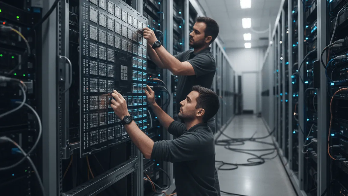 Two engineers are focused on installing or maintaining a large, complex AI chip board within a server rack in a brightly lit data center aisle.