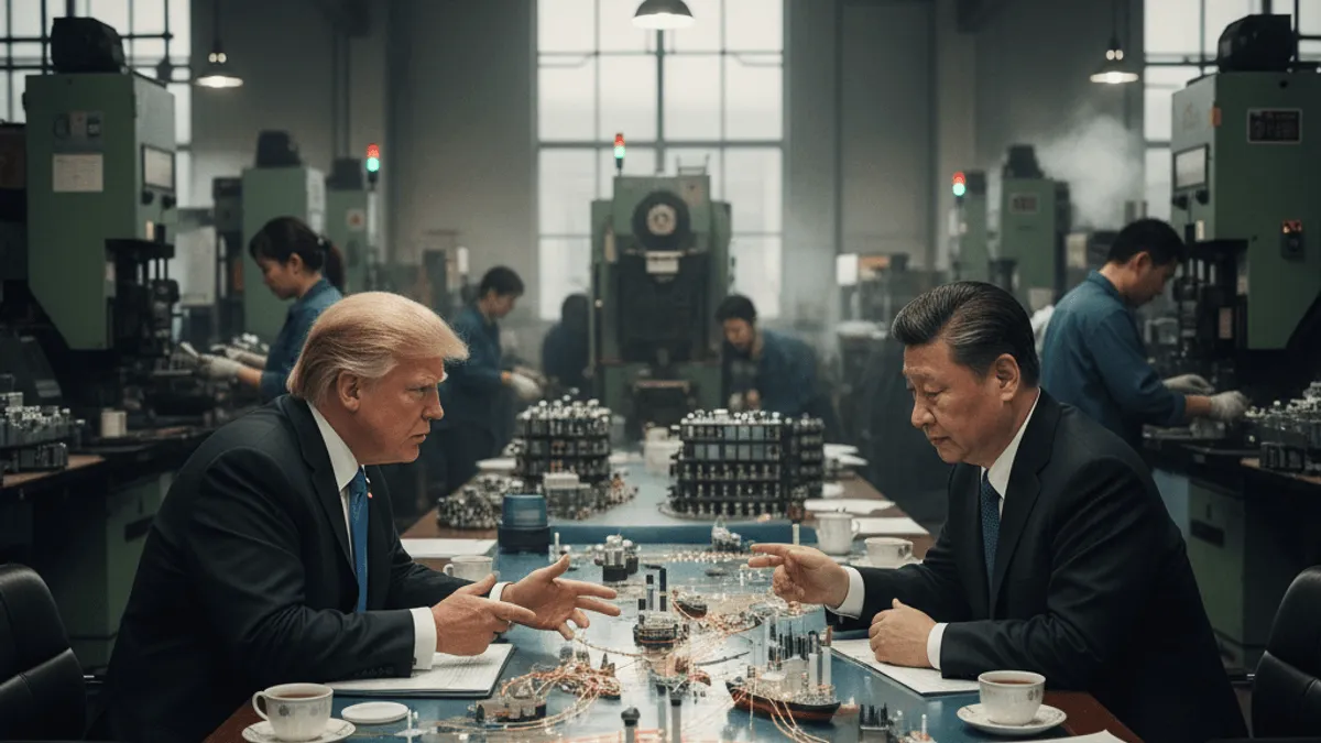 Donald Trump and Xi Jinping lean over a detailed world map table, moving miniature ships with red light trails, in a bustling factory.