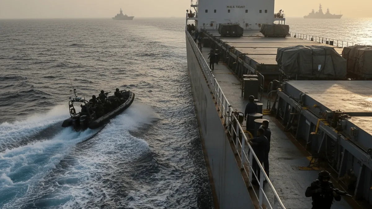 A high-angle, mid-action photograph of a tactical team boarding a large cargo ship from a smaller, fast-moving vessel at sunset.