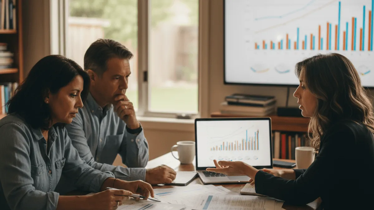 A financial advisor shows charts and documents to a serious couple discussing retirement at a table.