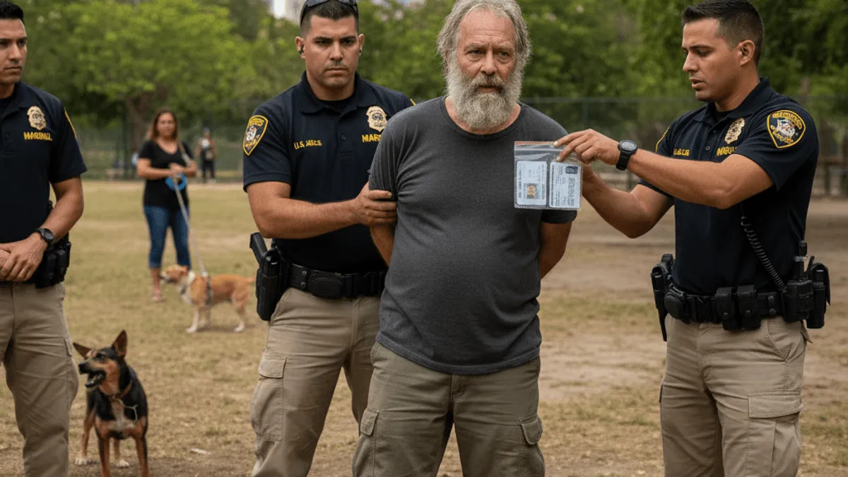Four U.S. Marshals in uniform arrest a disheveled, bearded man in a grassy park with city skyline in background.