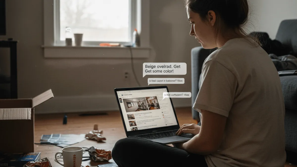 A young woman in a messy living room, cross-legged on the floor, absorbed in her laptop screen.