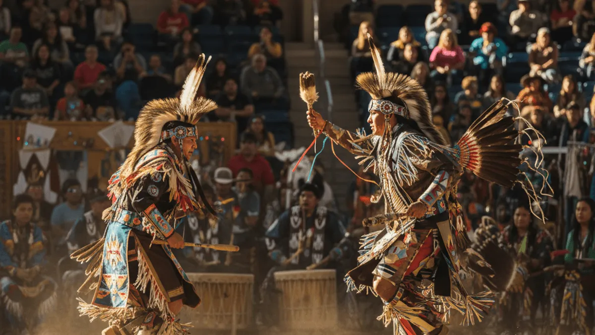 Two Indigenous men in elaborate regalia dance on a dirt arena floor, surrounded by spectators in bleachers.