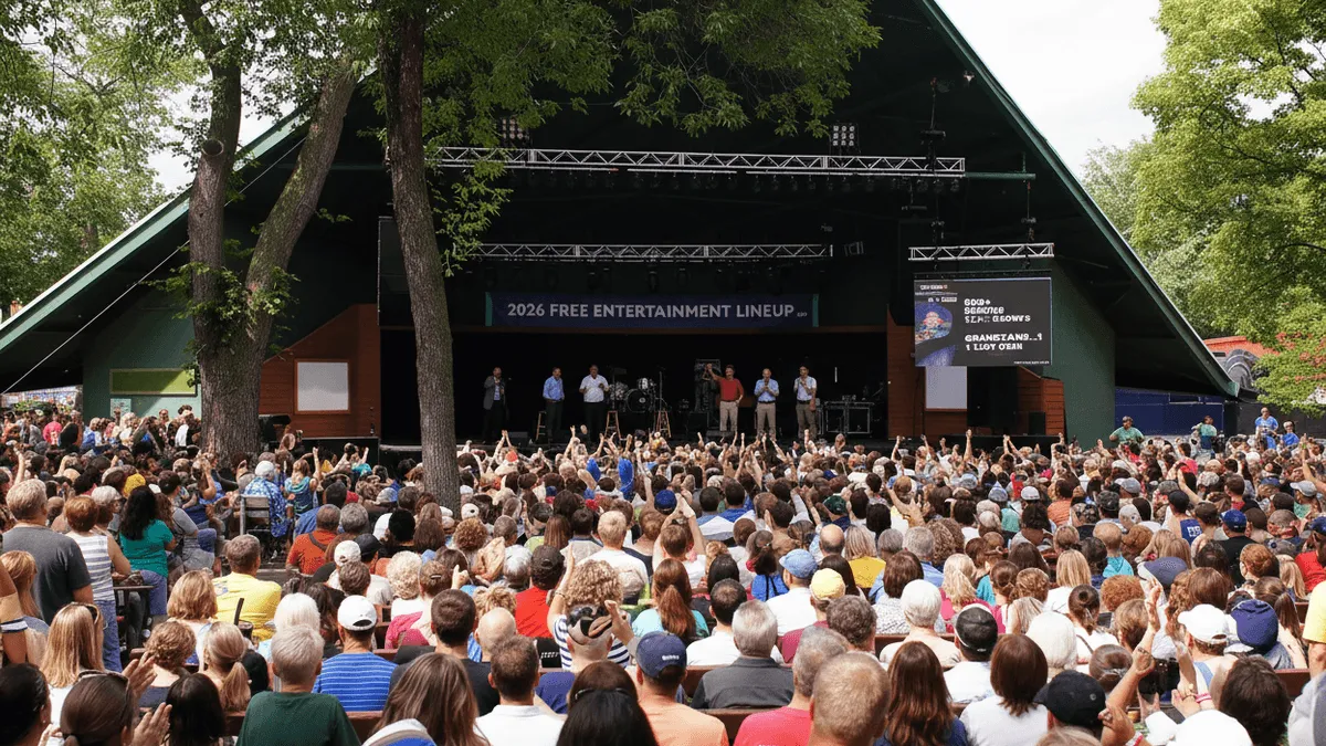 A large crowd of people with their hands raised in excitement, watching a stage at an outdoor fairground.