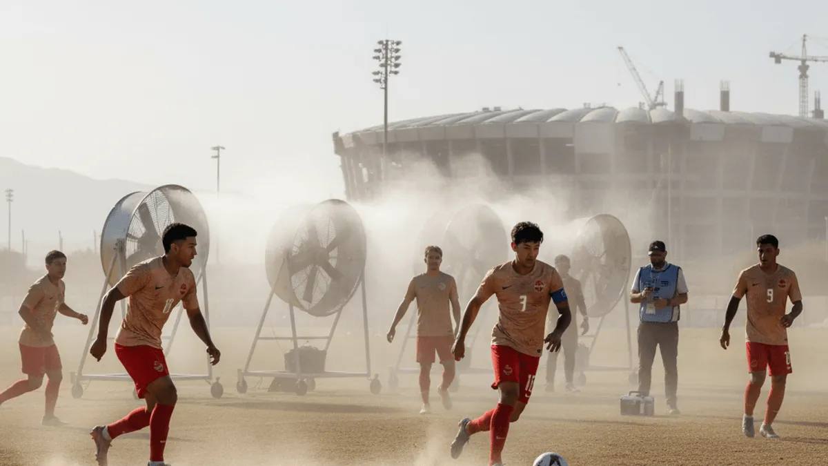 Soccer players on a dusty field are enveloped in mist from large cooling fans during a hot training session, with a stadium under construction in the background.