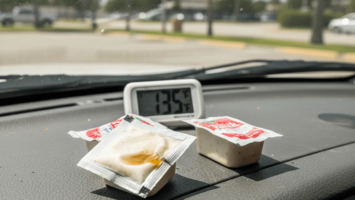 Two ranch dressing packets sit on a car dashboard in direct sunlight, with a digital thermometer reading 135 degrees.