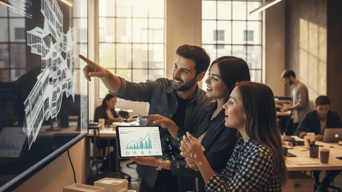 Three designers in a modern office, one pointing at a large screen displaying complex 3D structures, another holding a tablet with financial graphs.