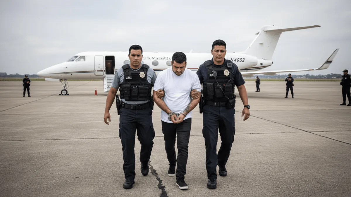 A man in handcuffs is escorted by two US Marshals across an airport tarmac, with a private jet in the background.